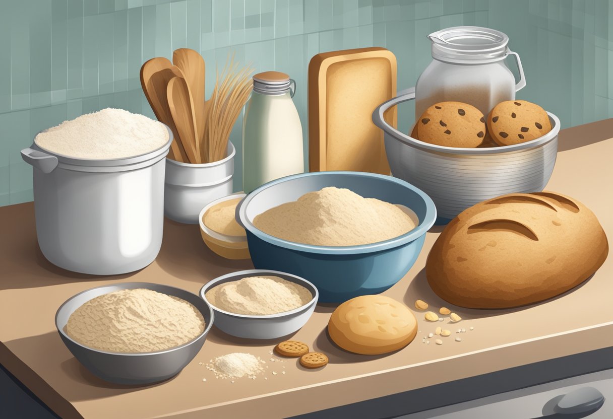 A kitchen counter with various baking ingredients and tools, including flour, yeast, and a mixing bowl. A loaf of bread and a batch of cookies sit nearby, showcasing the finished products of gluten-containing baked goods