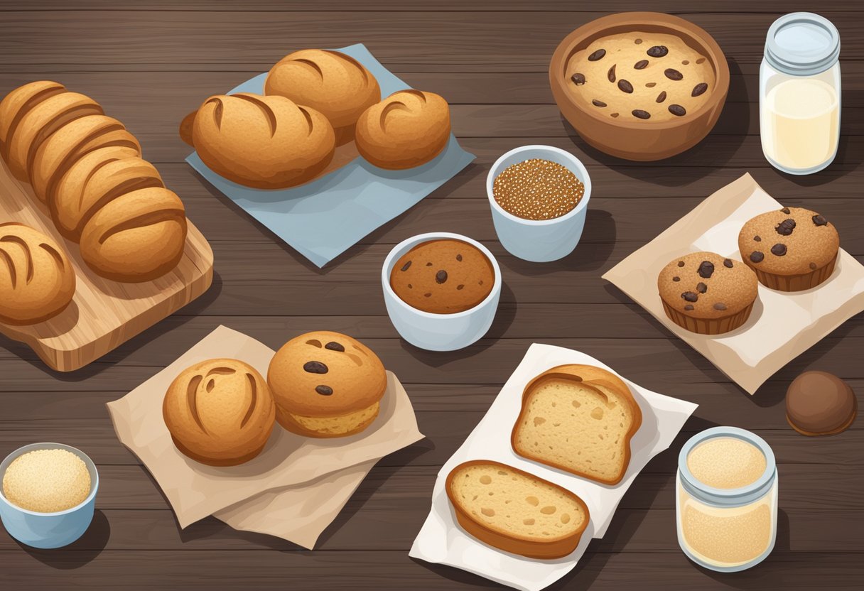 A variety of gluten-free baked goods displayed on a wooden table, including bread, muffins, and cookies, with clear labels indicating their gluten-free status