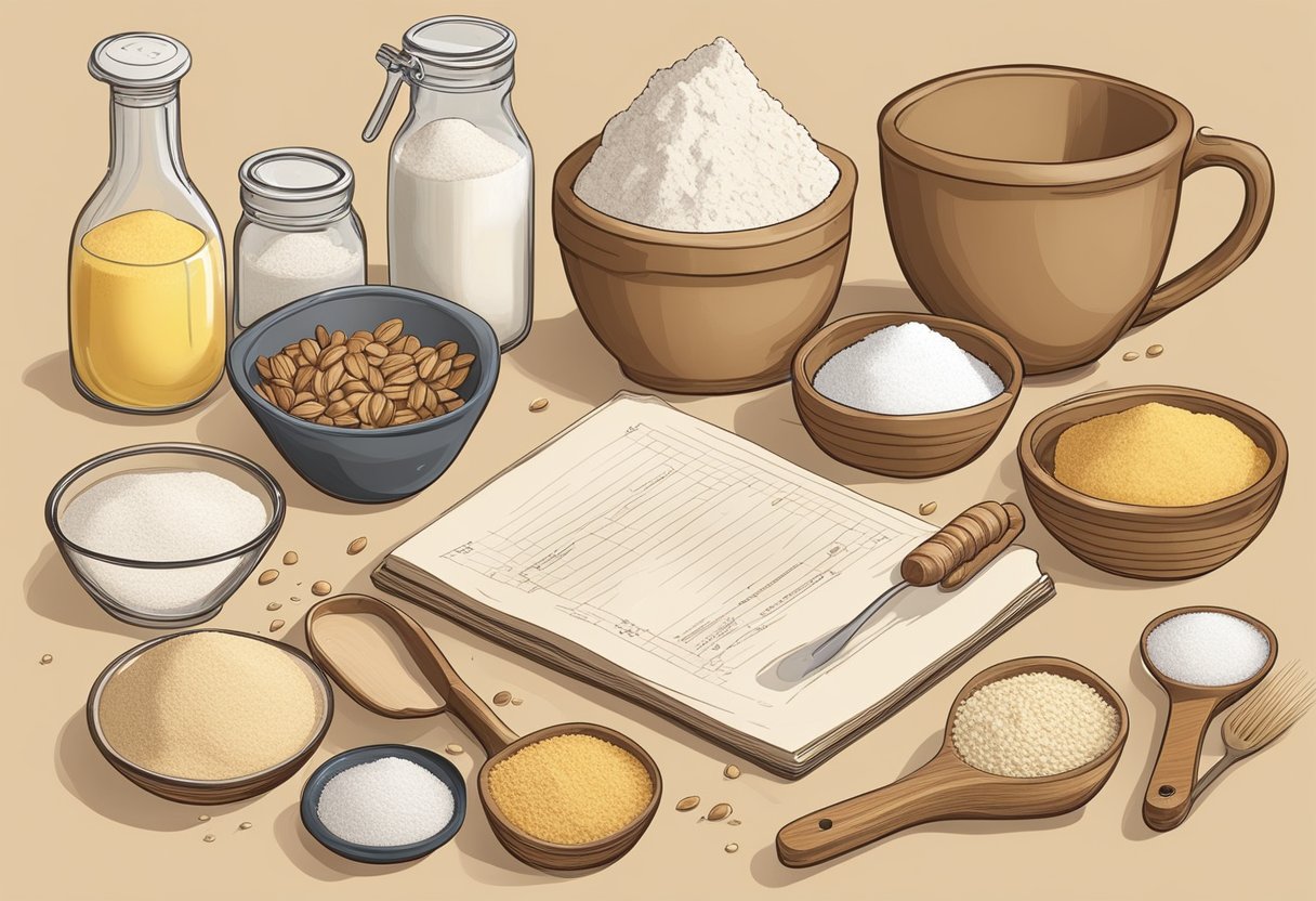 A table with various baking ingredients and tools, including gluten-free flours, xanthan gum, and measuring cups. A recipe book open to a page on gluten-free baking