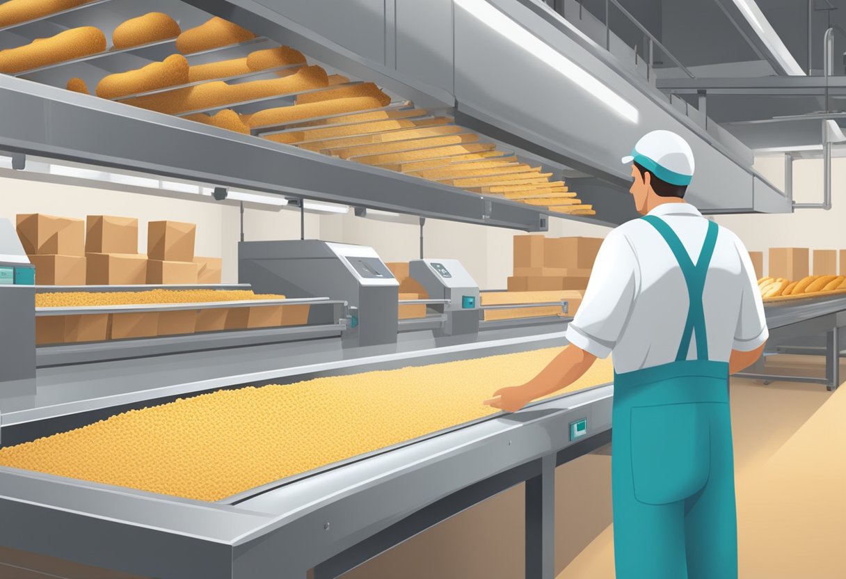 A conveyor belt moves gluten-free packaged foods through a factory, with workers inspecting and labeling the products