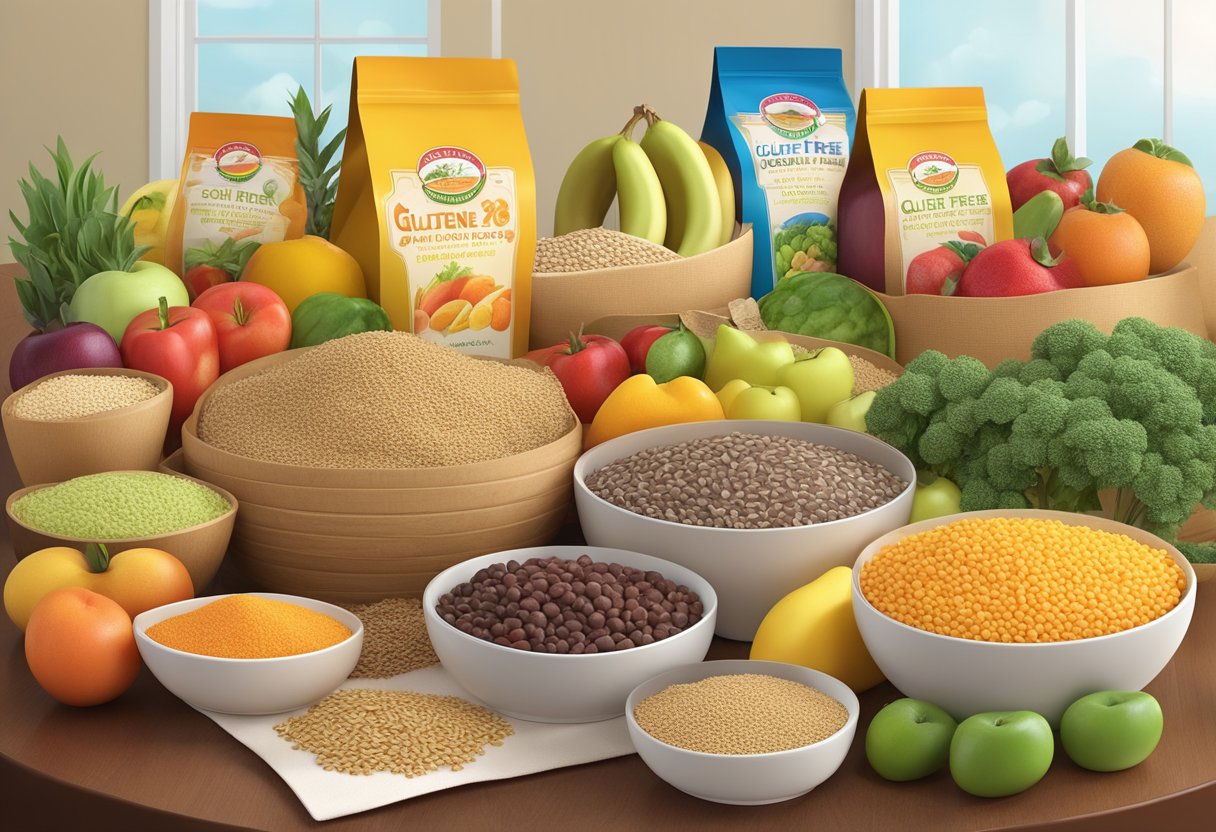 A colorful array of gluten-free fruits, vegetables, and grains arranged on a table, with vibrant packaging of gluten-free processed foods in the background