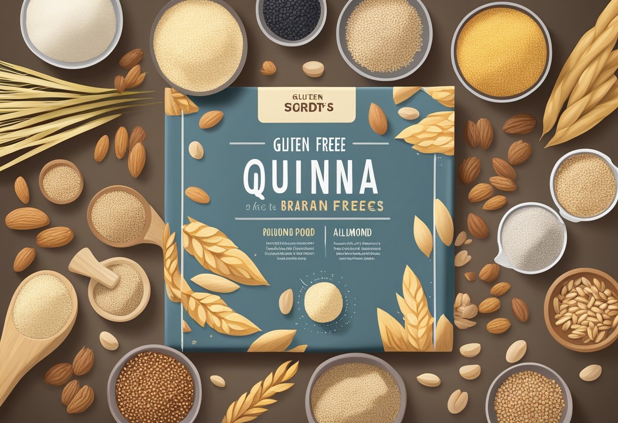 A variety of gluten-free whole grains and alternatives are displayed on a table, including quinoa, brown rice, and almond flour. A label with "Gluten-Free Processed Foods" is shown for contrast