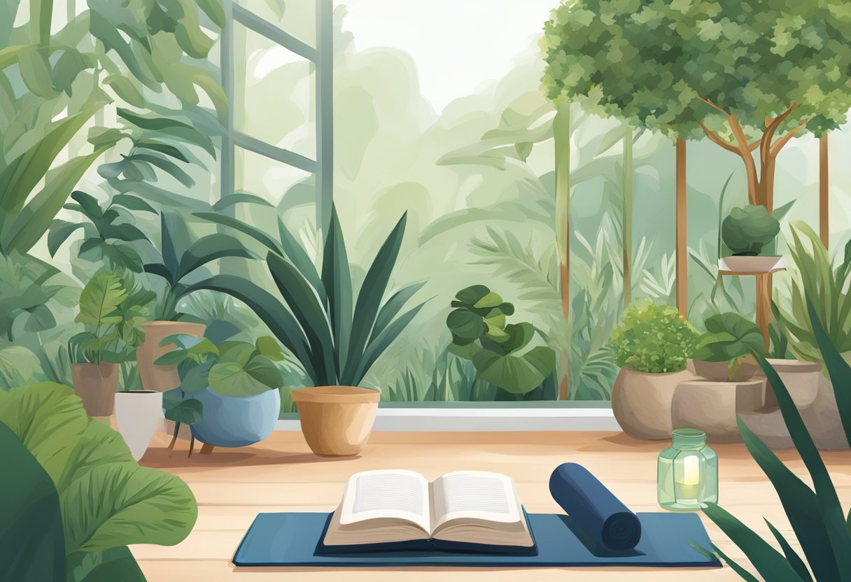 A lush garden with a yoga mat, meditation cushion, and a book on sustainable living. A serene atmosphere with natural elements and a focus on wellness