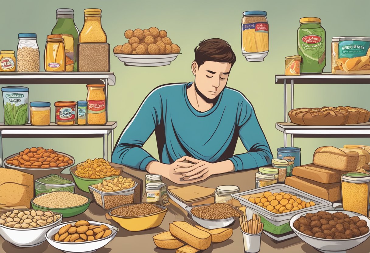 A table filled with gluten-free processed foods, a person looking overwhelmed