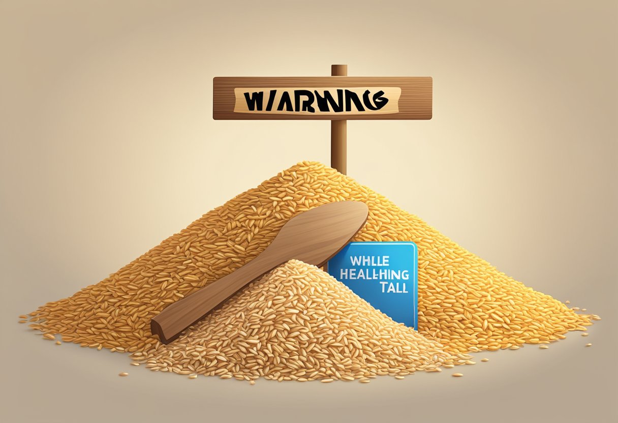 A pile of refined grains sits next to a warning sign. Whole grains stand tall on the other side, symbolizing a healthier alternative