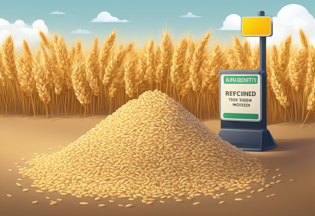 A pile of refined grains sits next to a warning sign. The grains are processed and stripped of their nutrients, symbolizing the reasons to avoid them