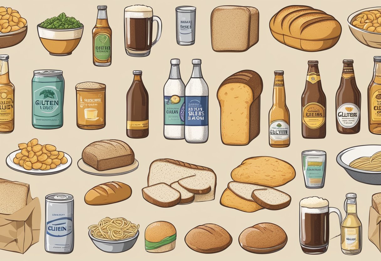 Various gluten-containing foods (bread, pasta, beer) displayed with labels and crossed out to show identification process