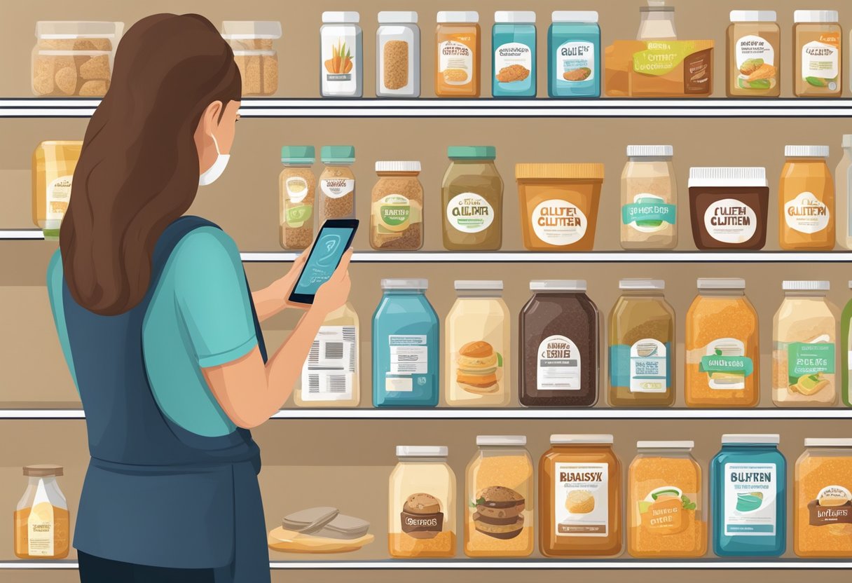 Various gluten-free food items displayed with labels and packaging. A person using a smartphone to scan a barcode for gluten information