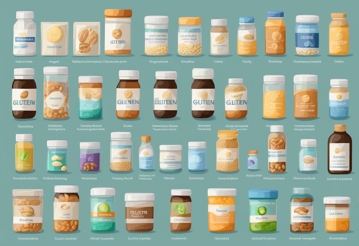 Various medication and non-food items with gluten labels. A list of gluten-free options. Clear and visible identification of gluten ingredients