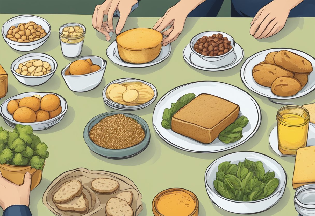 A table with various food items, some labeled "gluten-free", others "contains gluten". A person reading food labels