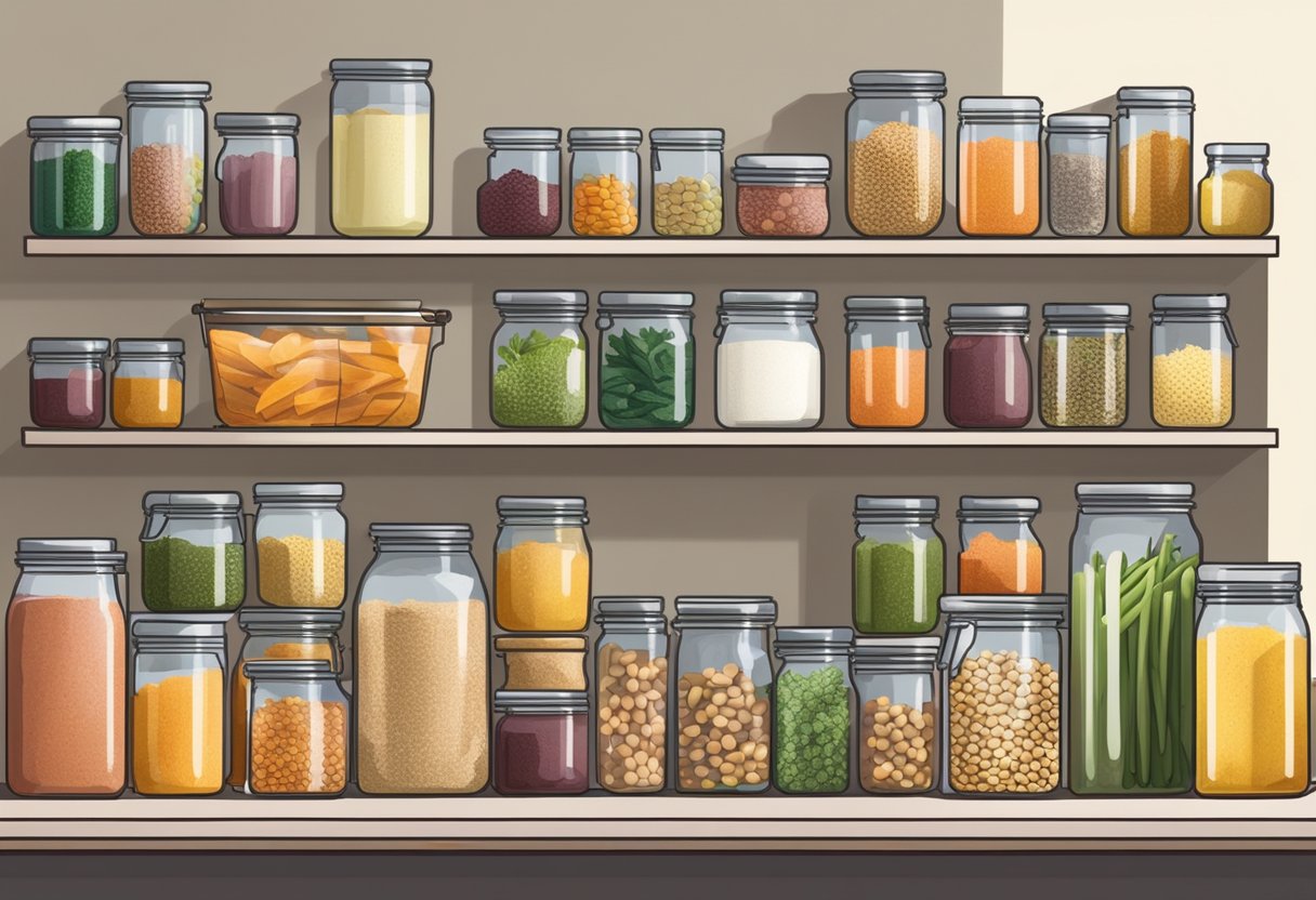 A pantry filled with colorful jars of fermented foods, surrounded by fresh produce and gluten-free grains. A shopping list and storage containers sit nearby