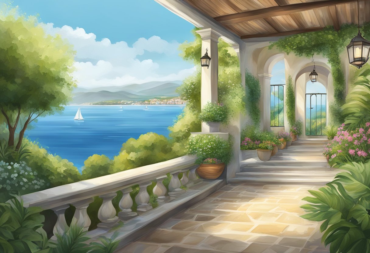 A serene Mediterranean landscape with calming elements like a peaceful seaside, lush greenery, and soothing natural features