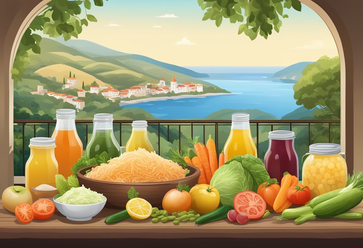 A table with a variety of fermented foods like sauerkraut, kimchi, and kefir, alongside fresh vegetables and fruits, set against a backdrop of Mediterranean scenery