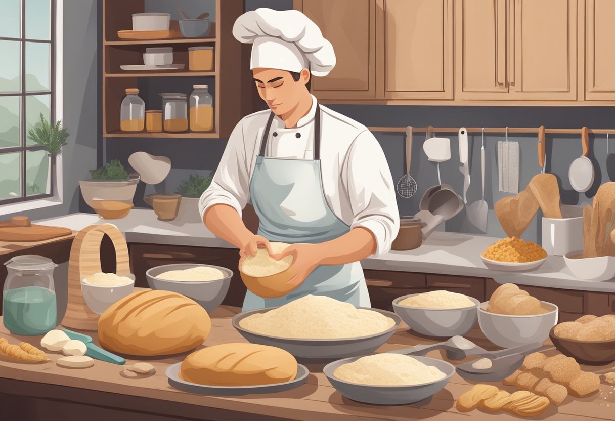 A baker carefully measures ingredients, kneads dough, and shapes gluten-free Mediterranean breads. Various tools and equipment are scattered across the kitchen counter