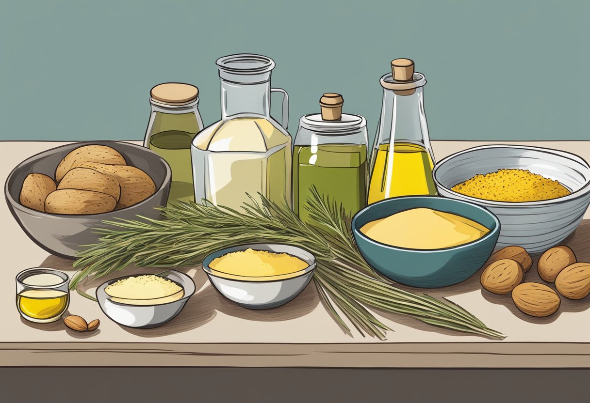 A table filled with various ingredients such as almond flour, olive oil, and herbs. A mixing bowl and measuring cups sit nearby, ready to create gluten-free Mediterranean breads