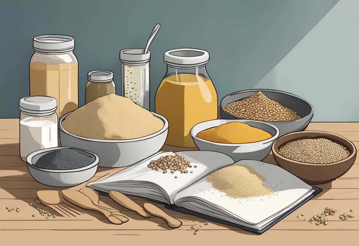 A kitchen counter with various gluten-free ingredients and utensils, including flours, seeds, and a mixing bowl. A recipe book open to a page titled "Gluten-Free Mediterranean Breads" sits nearby