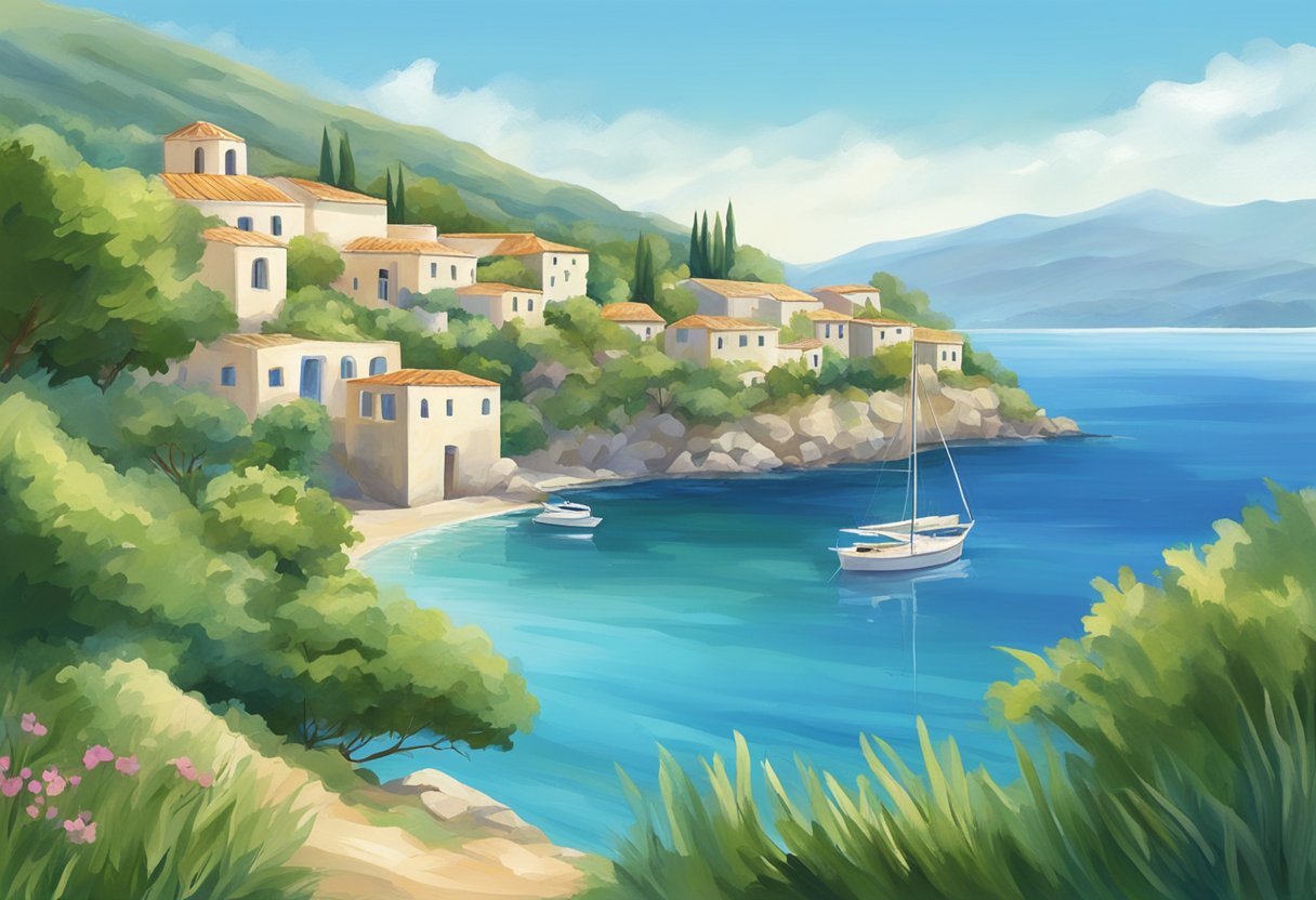 A serene Mediterranean landscape with calming blue waters, lush greenery, and a gentle breeze, capturing the natural beauty and tranquility of the region