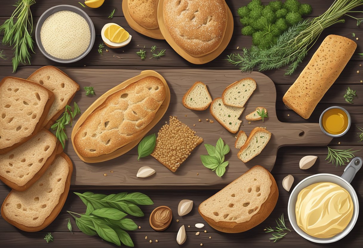 A variety of gluten-free Mediterranean breads arranged on a rustic wooden table with fresh herbs and ingredients scattered around