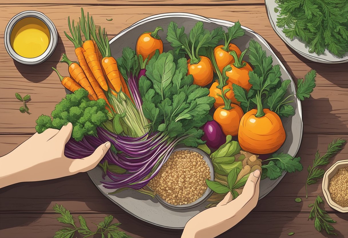 A hand reaching for vibrant vegetables and herbs, displayed on a rustic wooden table, with a bowl of quinoa and a bottle of olive oil nearby