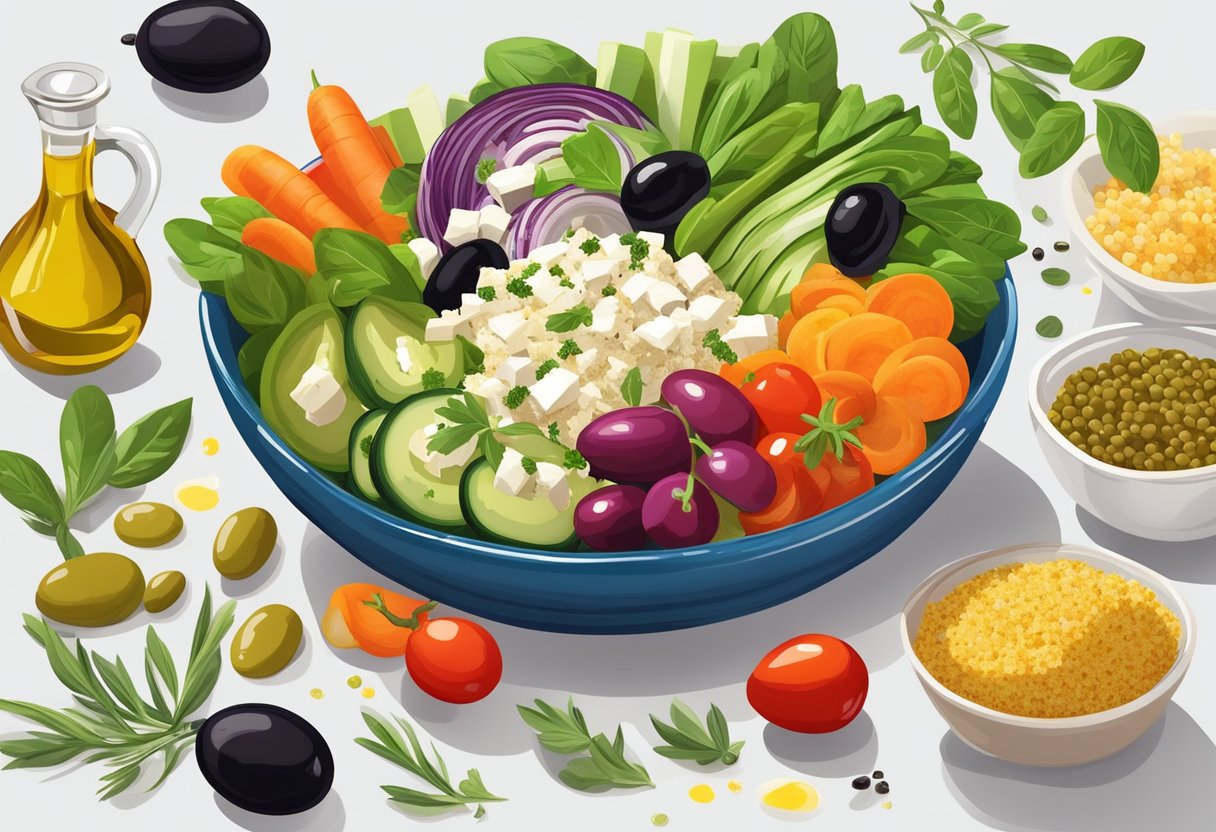 A colorful array of fresh vegetables, olives, feta cheese, and quinoa arranged in a vibrant bowl, drizzled with olive oil and sprinkled with herbs