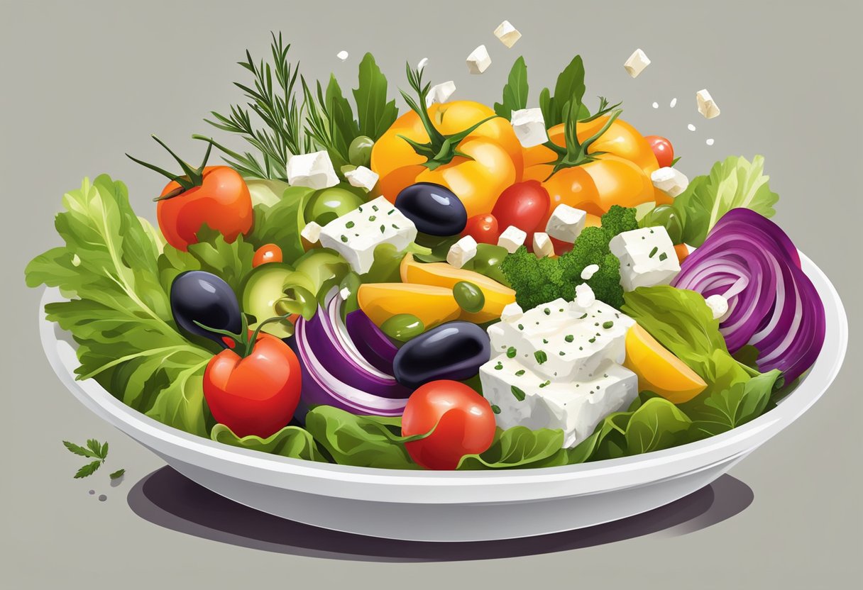 A colorful array of fresh vegetables, olives, and feta cheese arranged in a vibrant salad bowl, with a drizzle of olive oil and a sprinkle of herbs