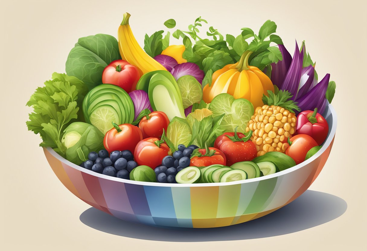 A colorful array of fresh vegetables, fruits, and grains arranged in a vibrant Mediterranean salad bowl