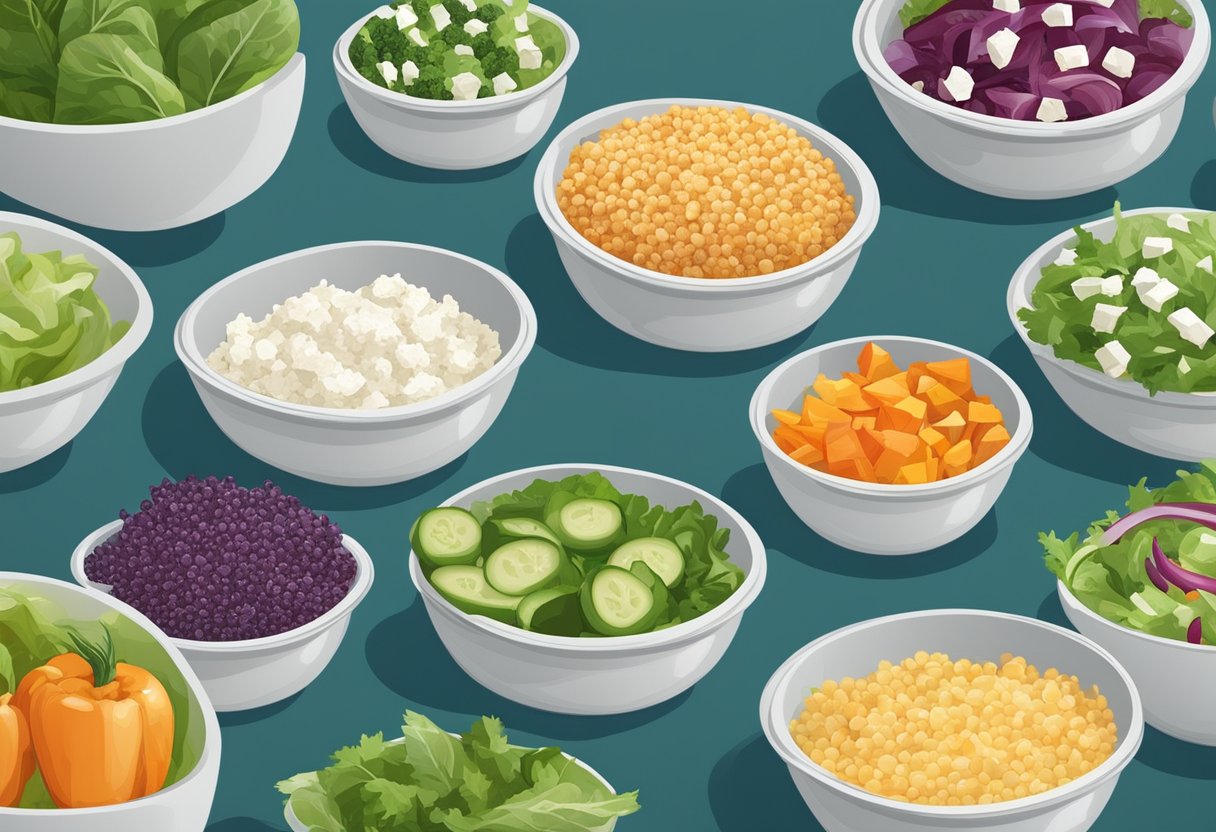 Colorful salad bowls arranged neatly in a refrigerator. Fresh vegetables, quinoa, and feta cheese are visible. Labels indicate gluten-free and Mediterranean flavors