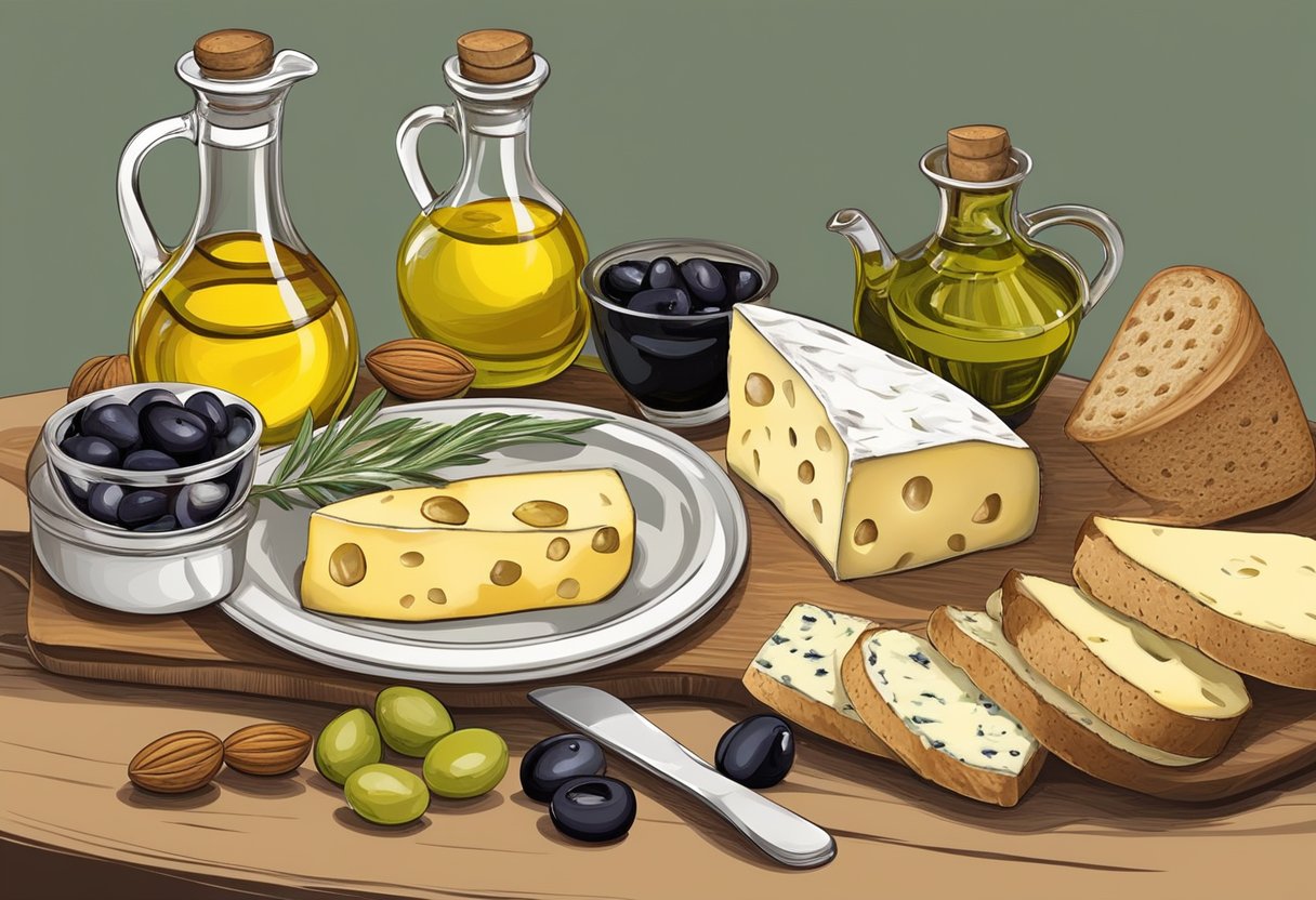 A table set with a variety of cheeses, olives, nuts, and fruits. A bottle of olive oil and a plate of gluten-free bread complete the Mediterranean spread