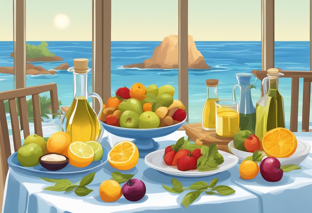 A table set with colorful fruits, vegetables, nuts, and olive oil. A serene seaside backdrop with calm waves and a clear blue sky