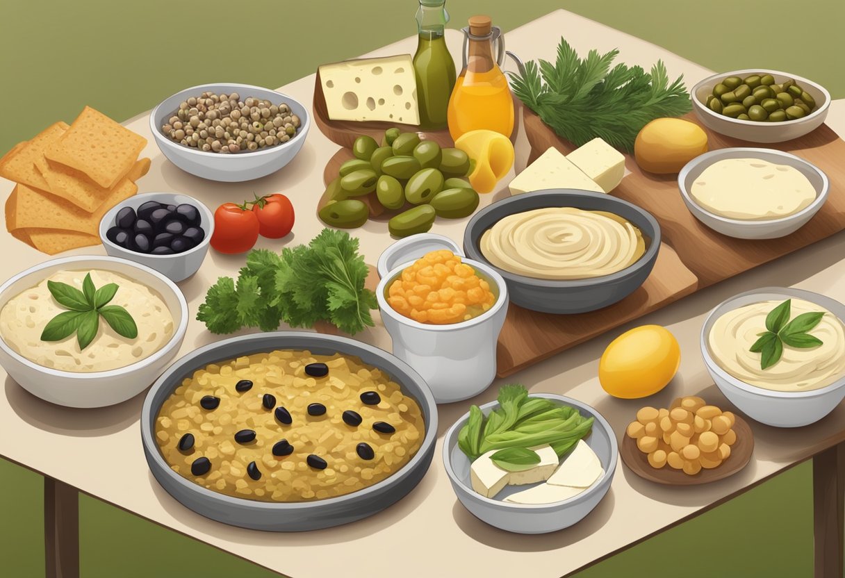 A table with a variety of gluten-free Mediterranean foods, including olives, hummus, fresh vegetables, and a selection of cheeses