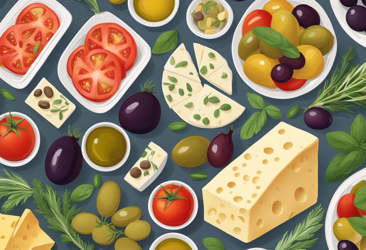 A colorful spread of Mediterranean ingredients: olives, tomatoes, herbs, and a variety of cheeses, with a prominent "gluten-free" label