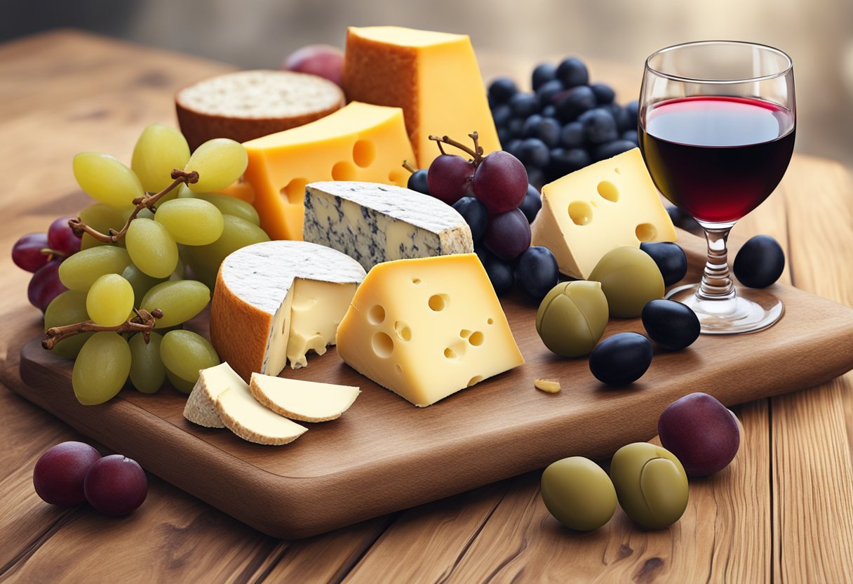 A platter of assorted cheeses, olives, and fresh fruits arranged on a wooden board, with a glass of red wine nearby