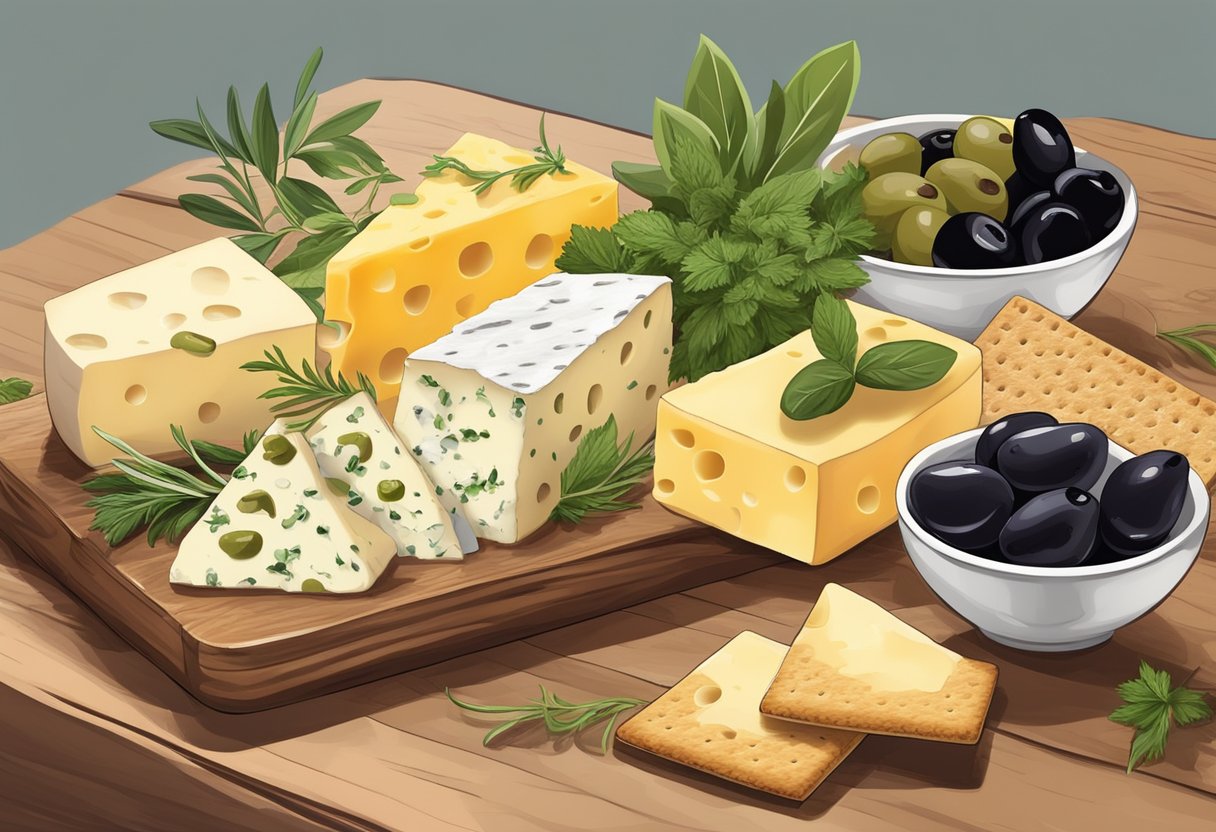 A platter of assorted cheeses, olives, and gluten-free crackers on a wooden board with fresh herbs and a drizzle of olive oil