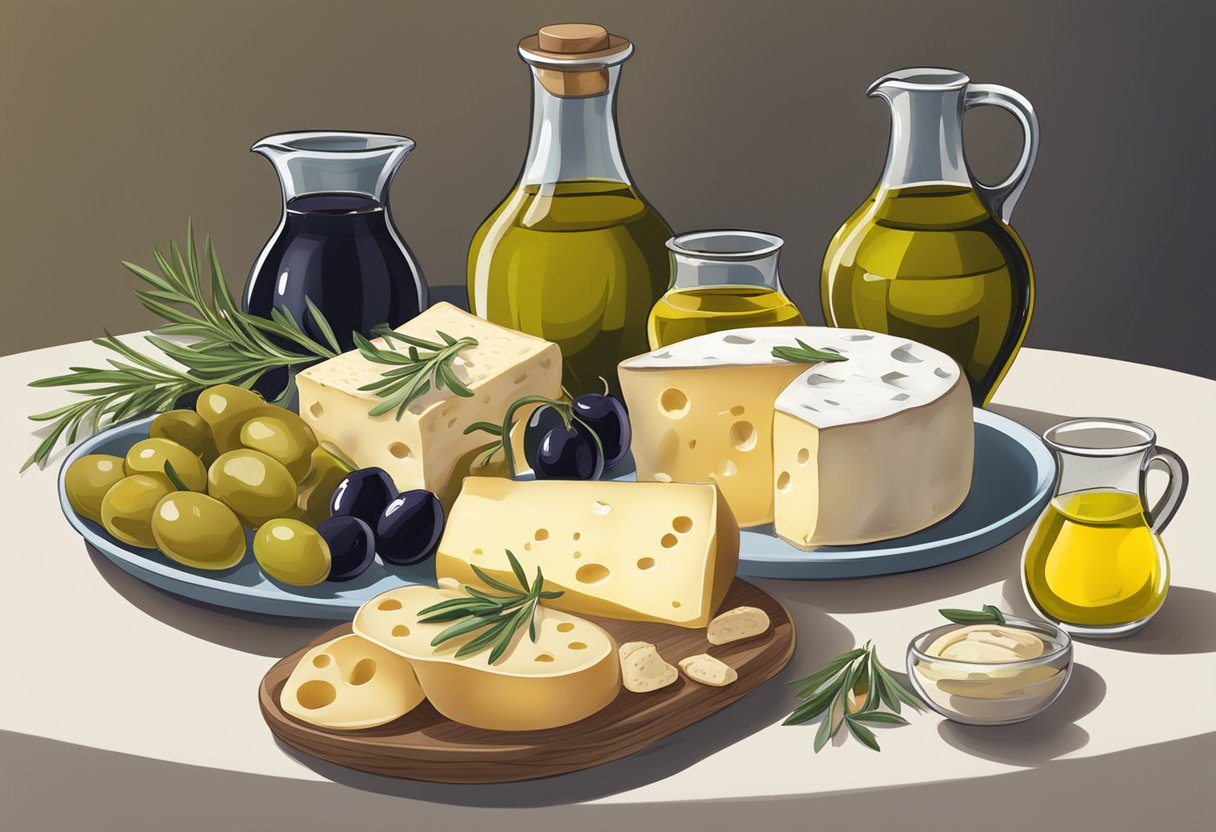 A table set with a variety of Mediterranean cheeses, olives, and gluten-free bread. A bowl of olive oil and herbs sits beside the spread