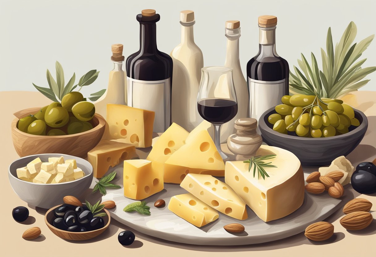 A table set with an assortment of gluten-free Mediterranean cheeses, olives, and fruits. A bottle of olive oil and a loaf of gluten-free bread are also present