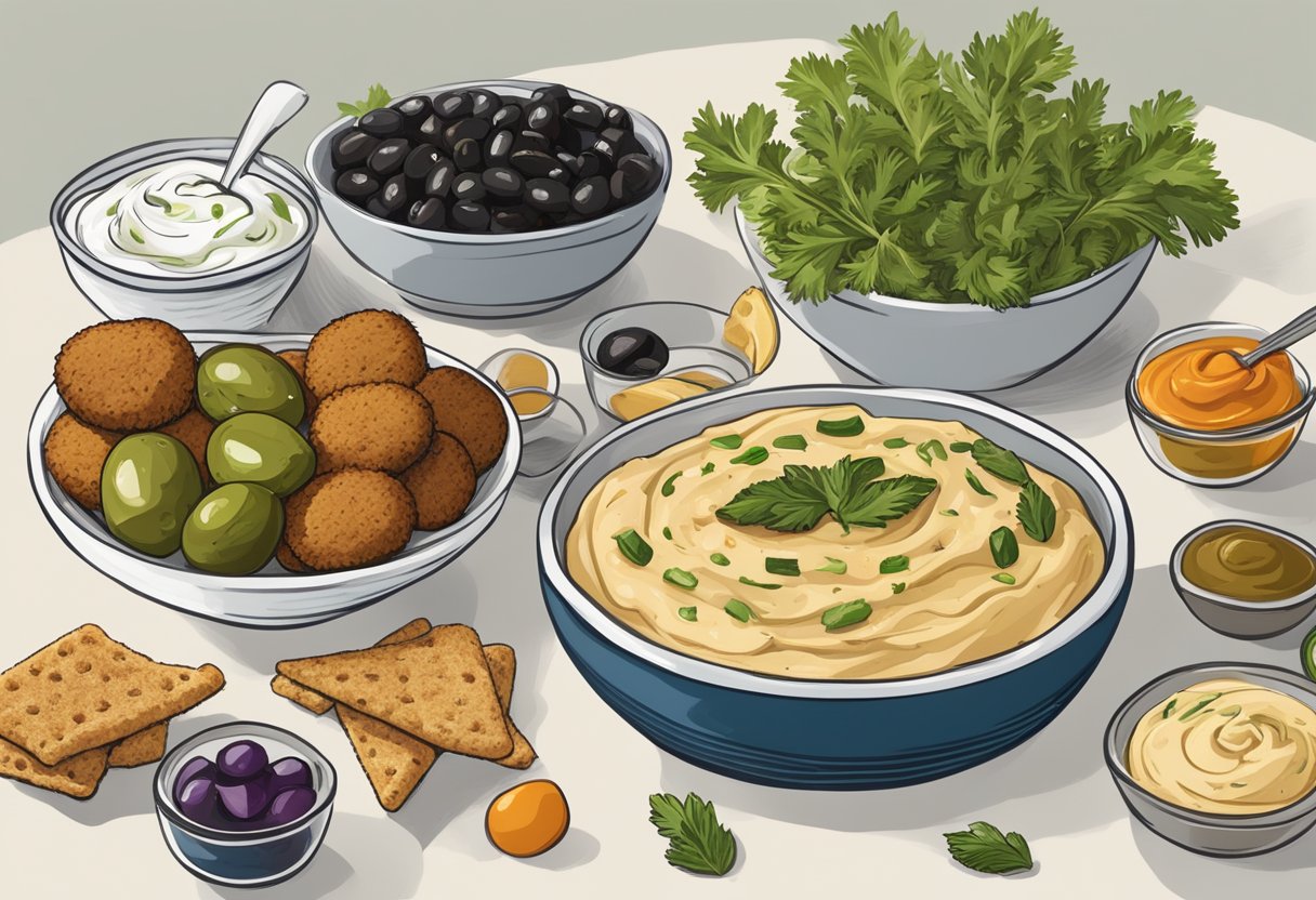 A table spread with colorful Mediterranean snacks: olives, hummus, falafel, and fresh vegetables. A basket of gluten-free pita bread sits next to a bowl of tzatziki sauce