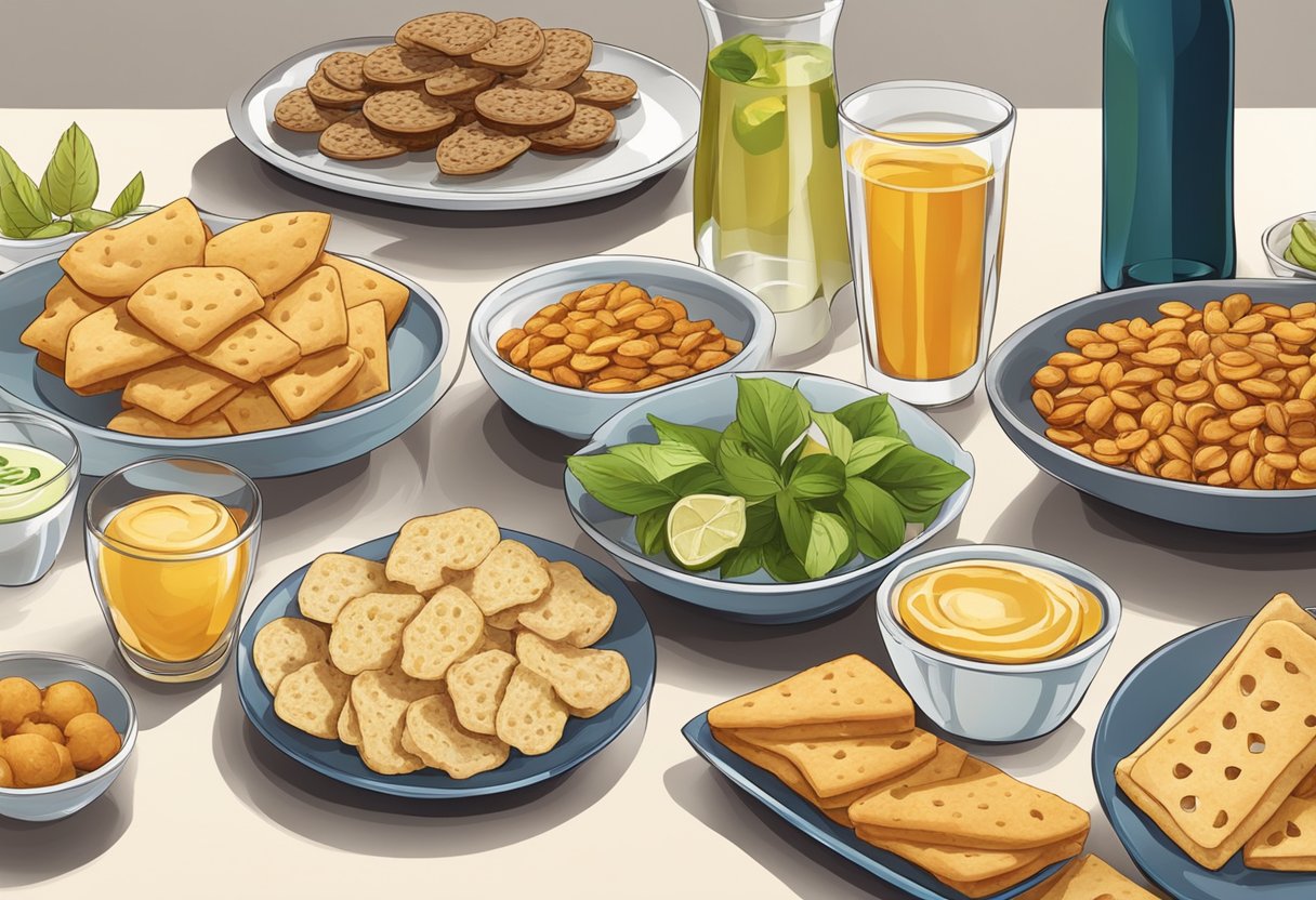 A table set with a variety of gluten-free Mediterranean snacks beside a selection of beverages