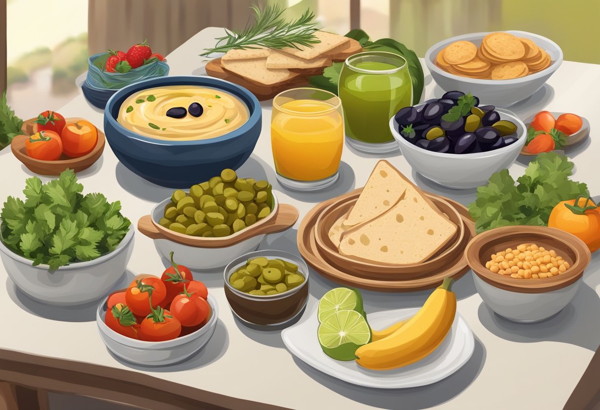 A table with a variety of colorful gluten-free Mediterranean snacks, including olives, hummus, fresh vegetables, and nuts