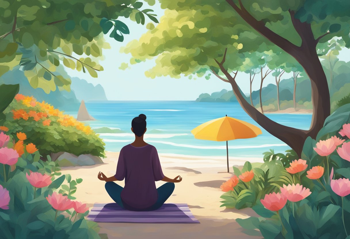 A serene beach with gentle waves, surrounded by lush greenery and colorful flowers. A person meditates under a shady tree, while others engage in calming activities like yoga and gardening