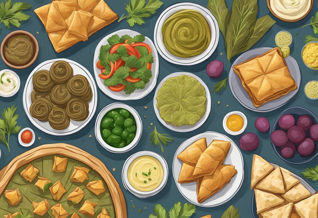 A table adorned with a variety of colorful gluten-free Mediterranean treats, including baklava, stuffed grape leaves, and hummus with fresh vegetables