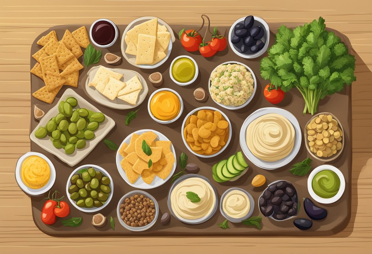 A table with a variety of gluten-free Mediterranean snacks, including olives, hummus, fresh vegetables, and gluten-free crackers, arranged in an appealing and appetizing display