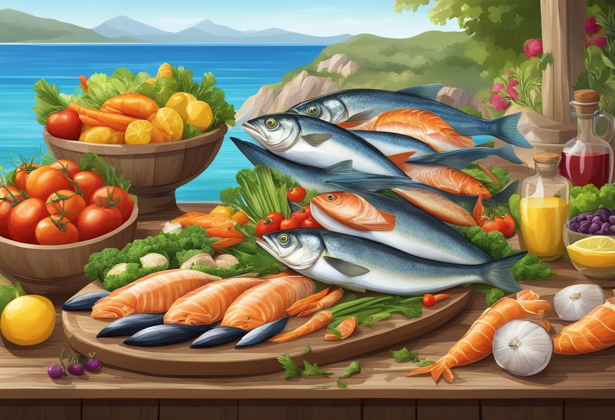 A colorful array of fresh fish, shellfish, and vibrant vegetables arranged on a rustic wooden table, with a backdrop of a serene Mediterranean seascape