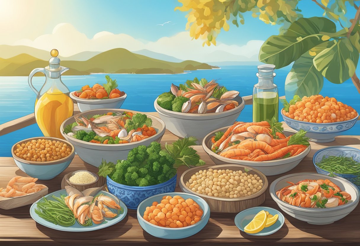 A colorful array of fresh seafood, vibrant vegetables, and gluten-free grains arranged on a rustic Mediterranean-style table. The setting is by the seaside, with a clear blue sky and a gentle breeze