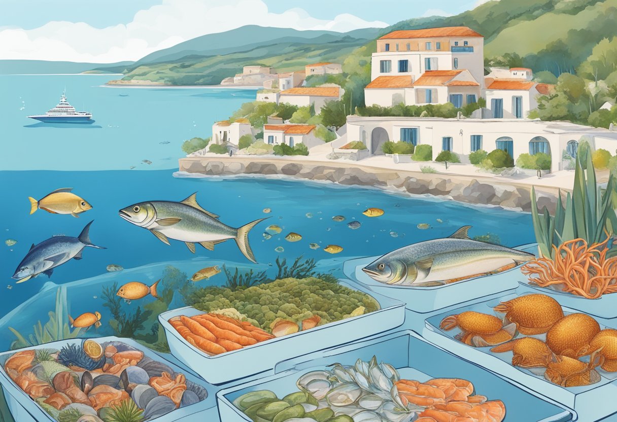 A clear blue ocean with diverse marine life and a variety of seafood. A person holding a guide to sustainable seafood choices. A Mediterranean landscape in the background