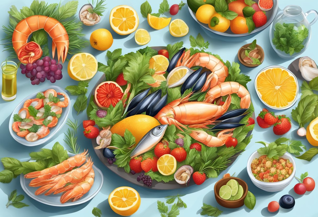 A table set with a variety of colorful, fresh seafood and gluten-free Mediterranean dishes, surrounded by vibrant fruits, vegetables, and herbs