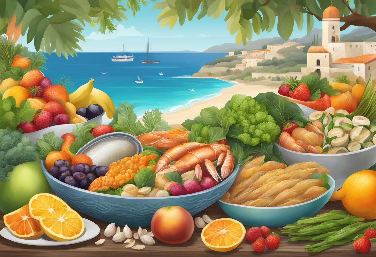 A colorful Mediterranean seascape with a variety of sustainably sourced seafood, surrounded by vibrant gluten-free fruits, vegetables, and grains