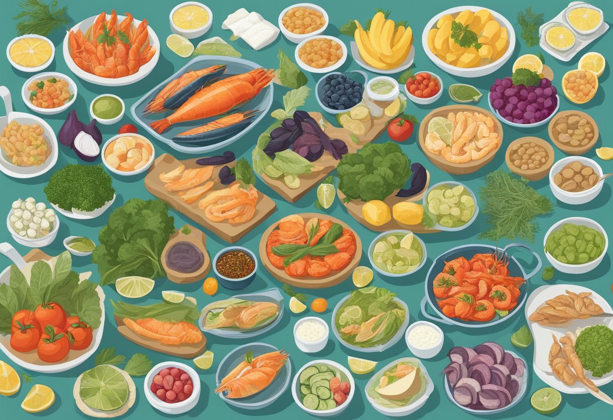 A colorful array of Mediterranean seafood, fruits, and vegetables arranged on a gluten-free menu, accompanied by a list of sustainable choices