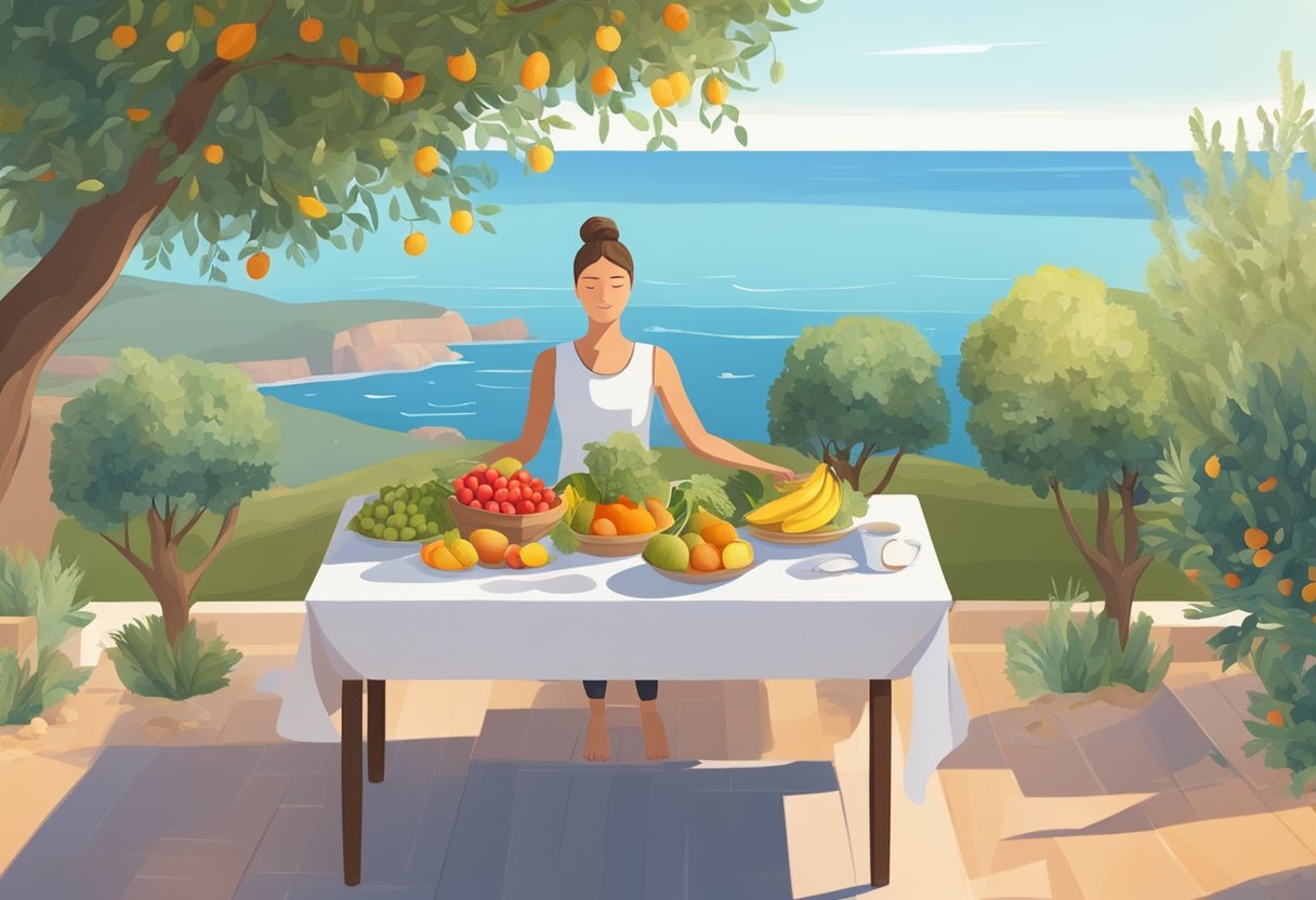 A table set with colorful fruits, vegetables, and grains, surrounded by olive trees and a calm sea. A person practicing yoga nearby