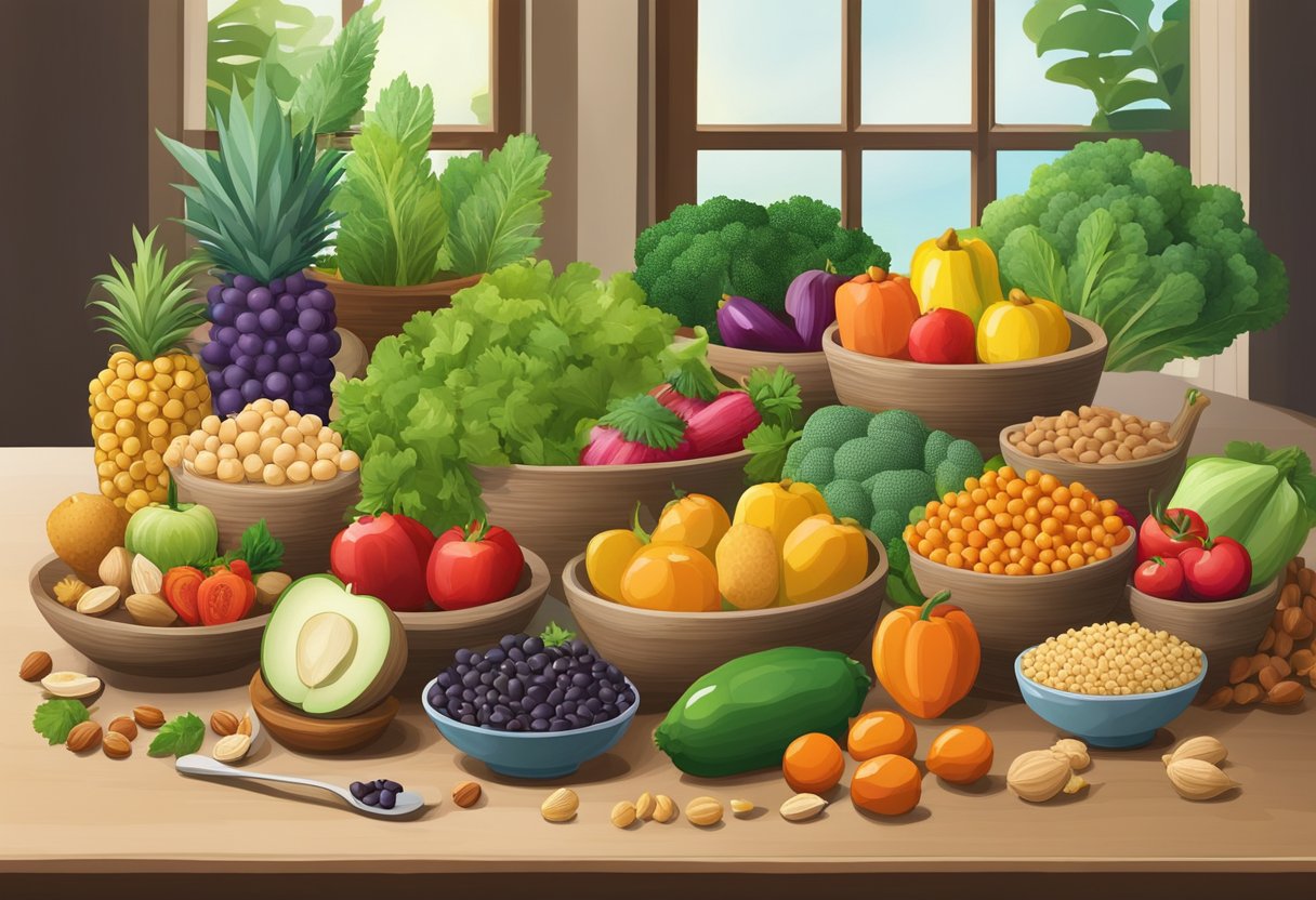 A table filled with colorful, fresh fruits, vegetables, nuts, and legumes. A variety of gluten-free plant-based proteins, such as chickpeas and quinoa, are prominently displayed. The scene exudes the essence of the Mediterranean diet