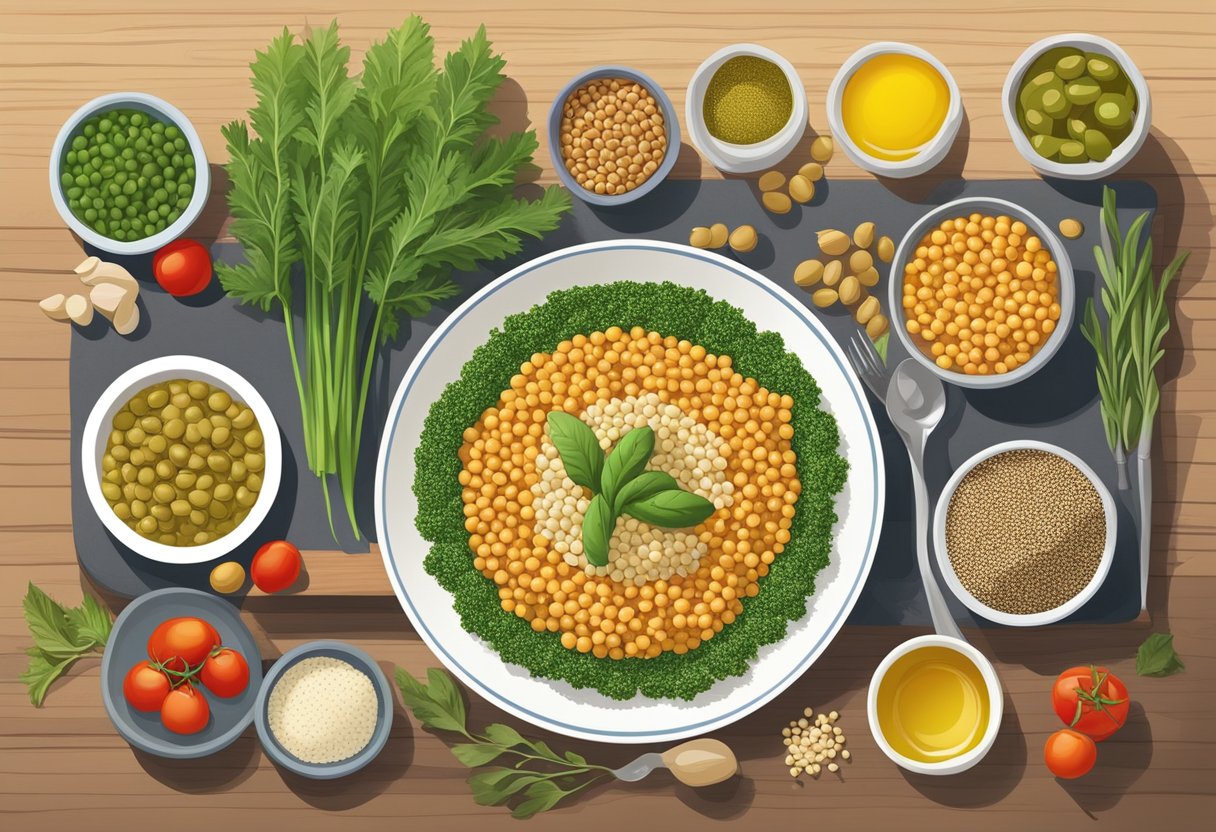 A table set with colorful, fresh Mediterranean ingredients: quinoa, chickpeas, lentils, vegetables, and olive oil. A variety of plant-based proteins arranged in a balanced meal plan